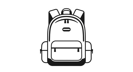 A simple black and white line drawing of a backpack with pockets and straps on a white background