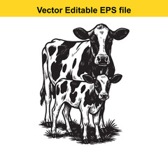  vector art of mother cow and calf in a field, isolated on white background