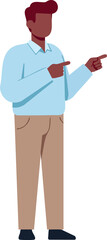 Man in blue shirt and beige pants pointing with fingers casual gesture vector illustration