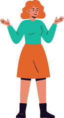 Woman with red hair wearing teal sweater and orange skirt standing with arms raised vector illustration