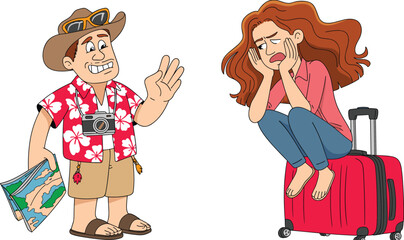 PrintHappy tourist man with map, waving to sad woman sitting on suitcase, travel stress, vacation emotion, cartoon character illustration