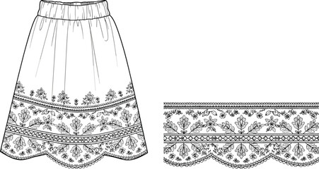 PrintFloral lace skirt with embroidered border, fashion design template, decorative hem pattern, vintage textile style, detailed clothing illustration, sewing concept