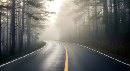 Fototapeta premium Foggy forest road scenic drive asphalt trees nature landscape travel destination adventure photography