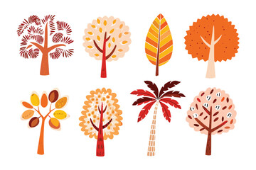 Illustrative Tree Variety: An array of diverse illustrated trees showcase varying shapes, colors, and leaf patterns, symbolizing the beauty of nature and the changing seasons.