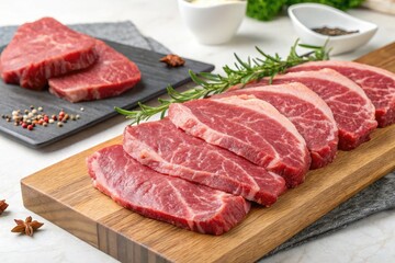 Fototapeta premium Freshly Cut Beef Steaks Arranged on a Wooden Board With Herbs