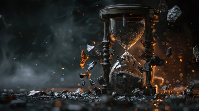 An hourglass exploding into fragments and debris, symbolizing the destructive passage of time in a dark, dramatic setting