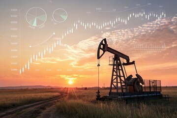 Oil Pump Jack Operating at Sunset With Financial Data Overlay in Rural Area