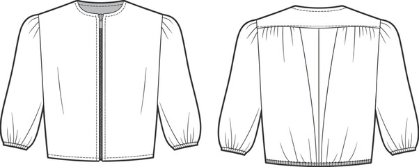 Fashion CAD of long-sleeved jacket with gathered cuffs, round neckline, front zipper, back pleat, technical garment sketch © Shahadot Creatives