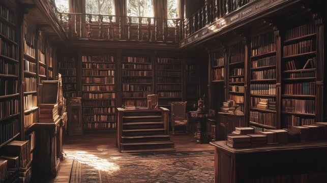 Atmospheric shot of a hidden university room with shelves sagging with books. Perfect for mystery, fantasy, or academic themes.