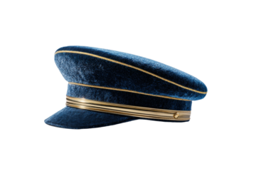 A blue hat with gold trim