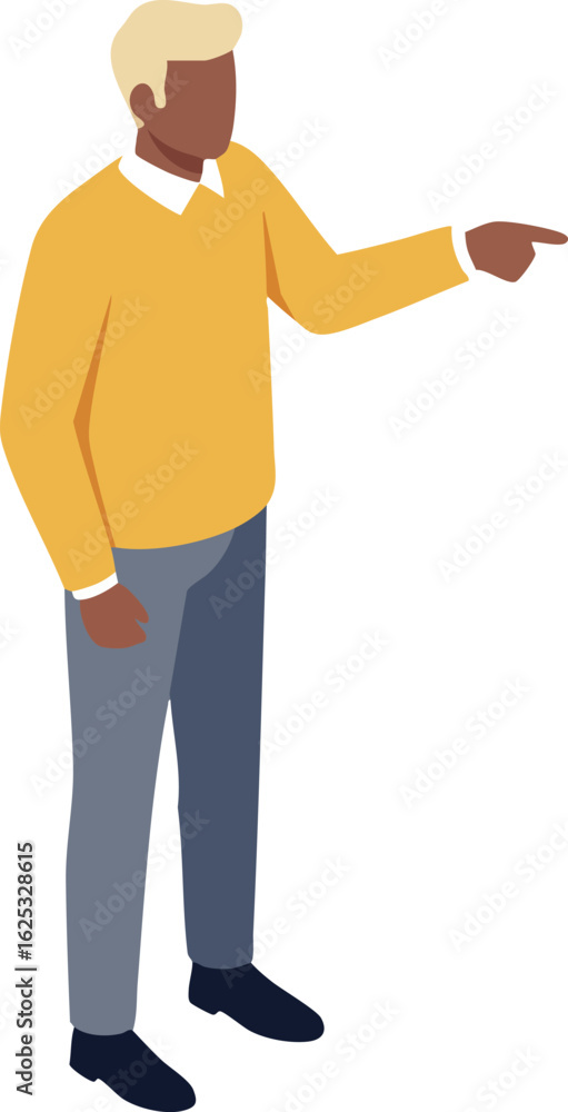 Poster man with yellow sweater pointing finger gesture vector illustration in minimalist style standing pos
