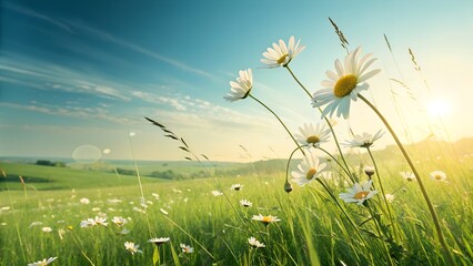 Blooming daisies in a meadow with soft sun flare and blue sky, scenic wallpaper