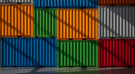 Colorful shipping containers stacked high global trade logistics import export business freight transportation industry supply chain warehouse storage colorful cargo