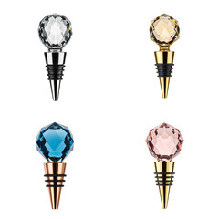 Crystal wine stopper. Decorative wine bottle stoppers in various colors and styles. Set isolated on transparent background  