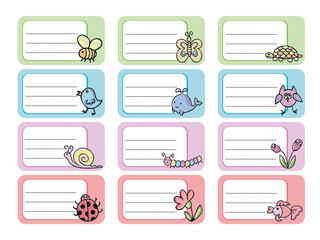 Notebook labels with cute kids icons, colorful design, template for school book labels. Set bright name stickers for notebook. Back to school labels. Name and Class