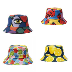Colorful bucket hats with playful patterns and designs. Set isolated on transparent background