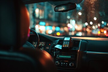 Urban night drive inside a taxi with city lights and payment terminal