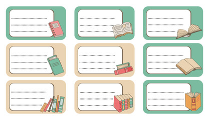 Notebook labels with books icons, colorful design, template for school book labels. Set bright name stickers for notebook. Back to school labels. Name and Class