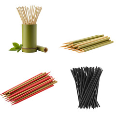  Skewers wooden bamboo. Assorted bamboo and wooden sticks in various colors and arrangements. Set isolated on transparent background