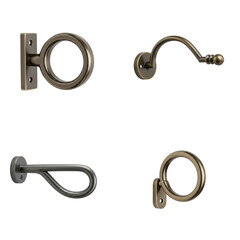 Various decorative curtain rod brackets in different styles and finishes, window curtain holdback. Set isolated on transparent background