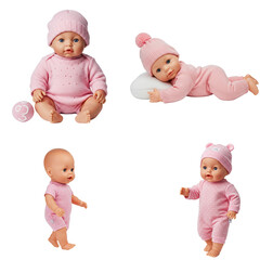Set of four baby dolls in pink outfits isolated on transparent background