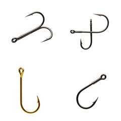 Barbless fishing hook. Fishing hooks in various styles and colors. Set isolated on transparent background