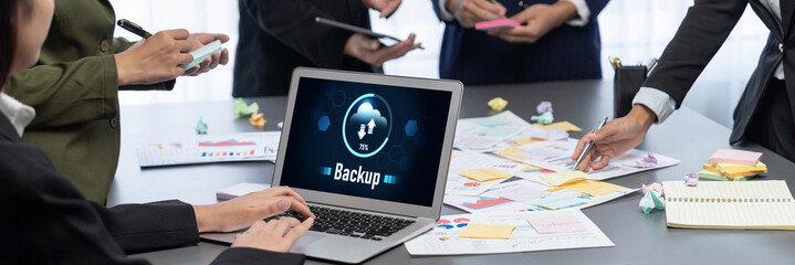 Analyst team use sticky note for creative and analytic brainstorm for business idea with BI data dashboard on laptop screen. Analysis financial data visualization tech for marketing strategy. Prodigy