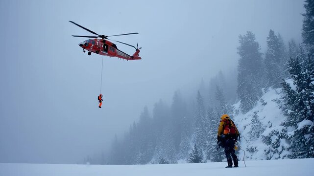 A helicopter hovers above while a rescue team descends in treacherous snowy terrain to assist a stranded climber. Thick snow reduces visibility as expert mountaineers navigate the wilderness.