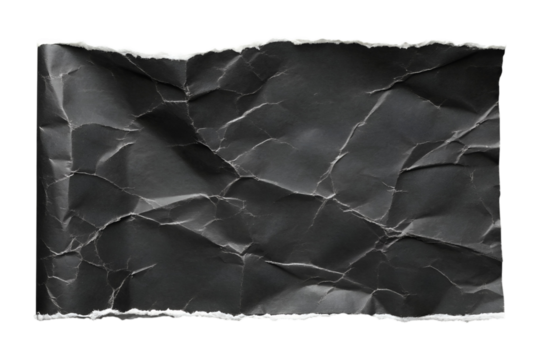 An isolated transparent png image of crumpled black paper features torn edges and a deeply wrinkled surface.