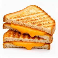 Golden brown grilled cheese sandwich with melted cheddar, a comfort food staple on white background