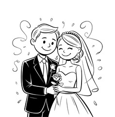 Eternal Vows: Depicting a joyous wedding day with a tender embrace, the radiant bride and groom exchange a rose amidst a shower of celebratory confetti, celebrating love and commitment.