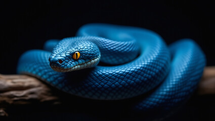 Fototapeta premium A vibrant blue snake with yellow eyes coiled on a wooden branch against a black backdrop reptile serpent