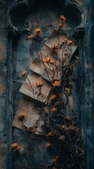 Dark Academia concept of decay, showing ruined architecture with torn scrolls and dead flowers. A powerful, symbolic image.