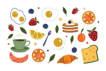 Delicious Morning Feast: A vibrant collection of breakfast staples artfully arranged, featuring succulent fruits, golden pastries, eggs, and coffee.