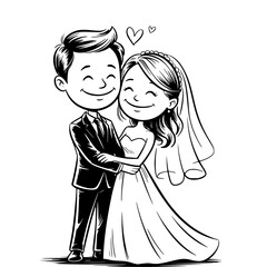 Fototapeta premium Eternal Bond: A charming depiction of a newlywed couple, their embrace symbolizing unity and the start of a lifelong journey, their faces alight with pure, radiant happiness.