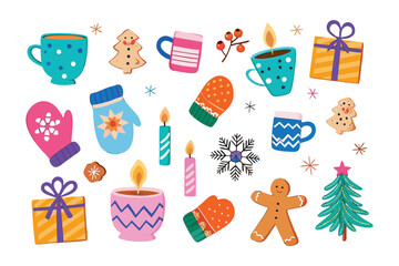 Cozy Christmas: Festive illustration captures the essence of Christmas with seasonal elements like cups, mittens, candles, gifts, and cookies to evoke a heartwarming holiday atmosphere.