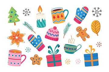 Festive Delights: A vibrant collection of holiday-themed elements, encompassing decorations, snacks, and gifts, all set against a clean backdrop.