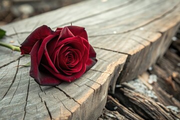 Crimson Rose Rests on a Weathered Wooden Block Outside