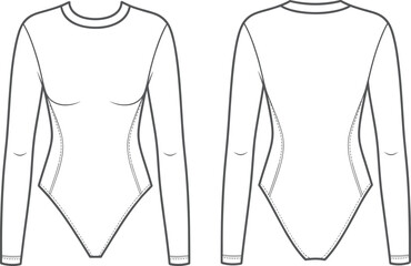 Long-sleeve bodysuit CAD, round neckline, bust darts, contour seams, front and back views, fashion sketch, technical garment illustration