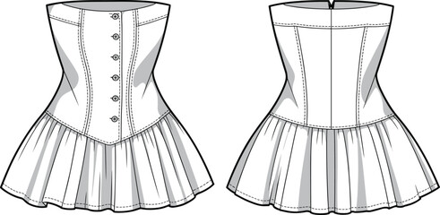 Pleated dress fashion illustration, fitted bodice, button-up front, zipper back, flared skirt, front and back view, garment sketch, template