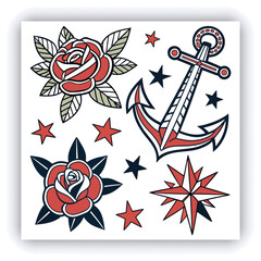 The image you’ve uploaded is a vibrant collection of vintage tattoo flash designs, featuring traditional American tattoo motifs such as roses, hearts, daggers, wings, keys, and banners with words like