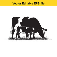 vector art of farm animal illustration cow and calf in a grassy meadow