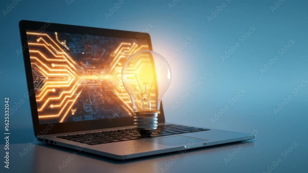 Poster bright idea on laptop - a glowing lightbulb sits on a laptop keyboard, its warm light illuminating t