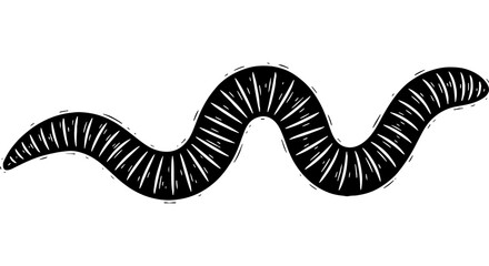 Detailed black and white illustration of a crawling earthworm, depicted in a hand-drawn or woodcut style, perfect for nature, gardening, or fishing themes.