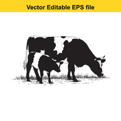 vector art of cow and calf grazing in a grassy field