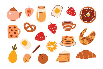 Breakfast Delights: An array of tasty food and drink items, elegantly arranged to create a delightful visual spread for a perfect morning. 