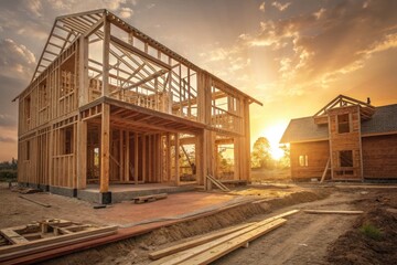 Obraz premium New House Construction at Sunset in Rural Neighborhood