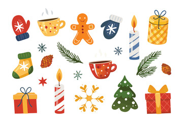 Festive Christmas Assortment: A cheerful compilation of holiday icons, featuring mittens, cups of cocoa, a gingerbread man, candles, pine sprigs, gift boxes, a snowflake, a stocking.