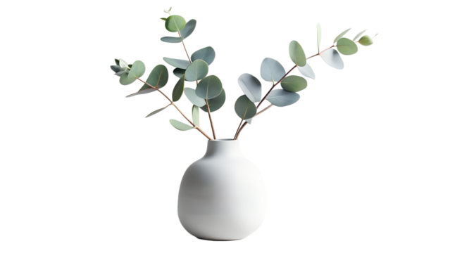 Photo of a white ceramic vase holding fresh eucalyptus branches with round leaves, isolated on transparent background
