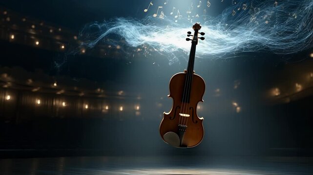In an elegant theater, a violin floats gracefully, creating a swirl of musical energy. The atmosphere is charged with anticipation as audience members are captivated by the enchanting notes.